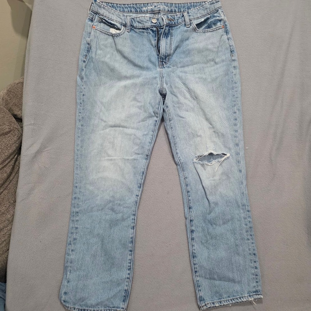 Old Navy High Rise Straight Distressed Jeans Light Wash Blue Denim 10 Regular